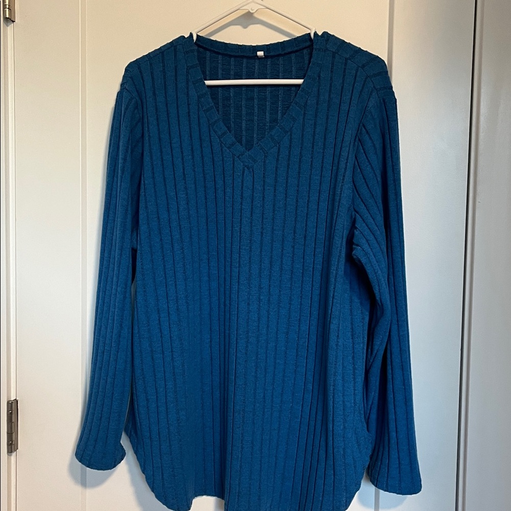 Blue Ribbed V-Neck Sweater